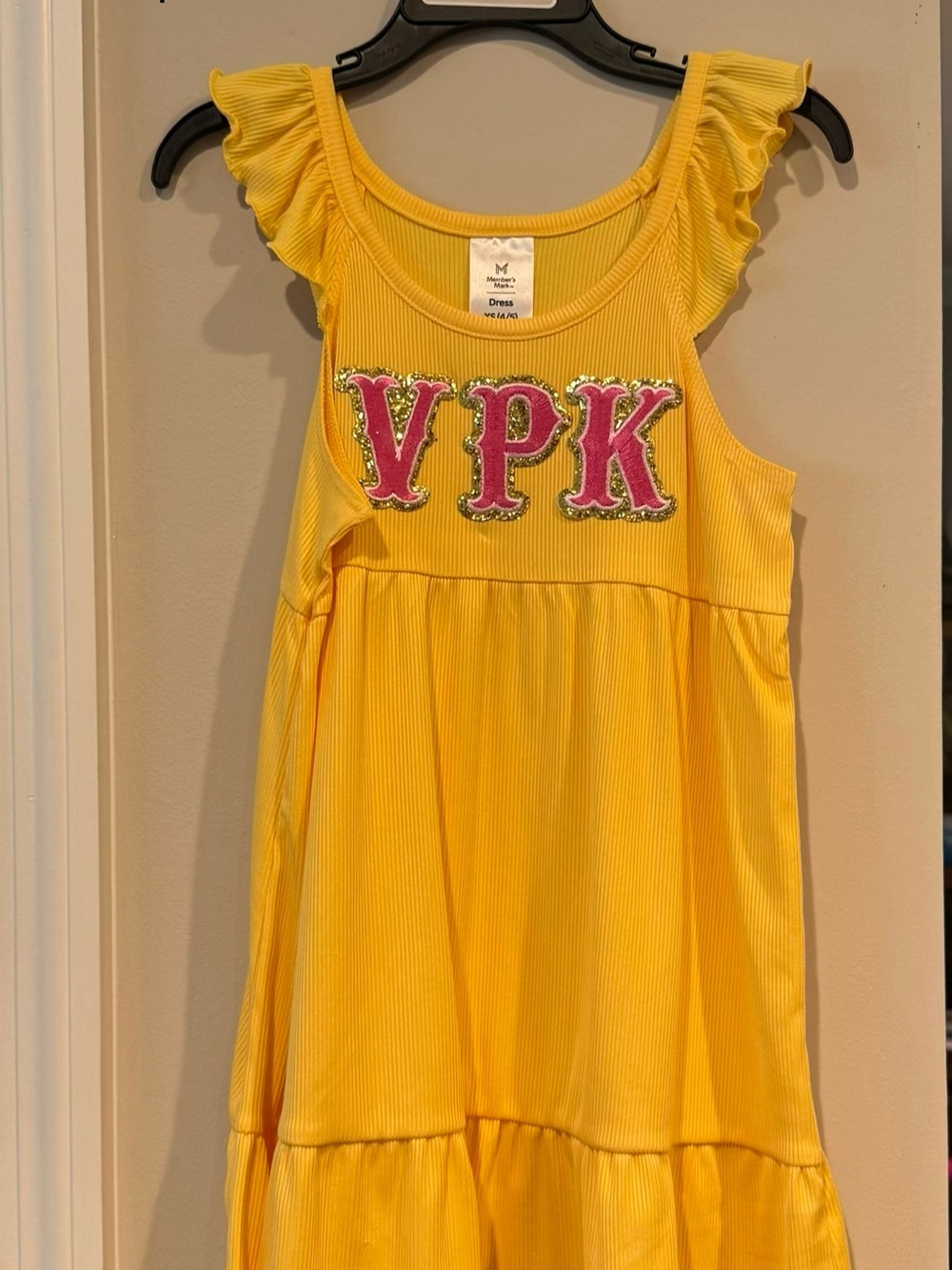 Yellow Girls' Ruffle-Sleeve Dress with Pink Appliqué